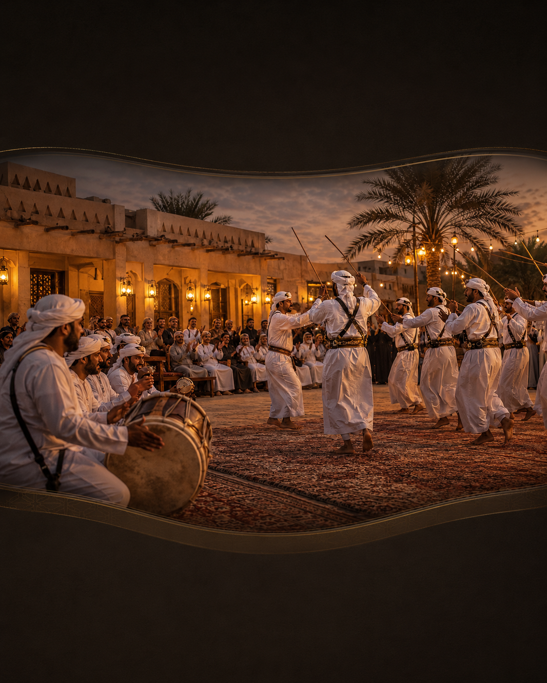 Gulf Rhythms article cover showing a traditional Gulf performance in a heritage setting