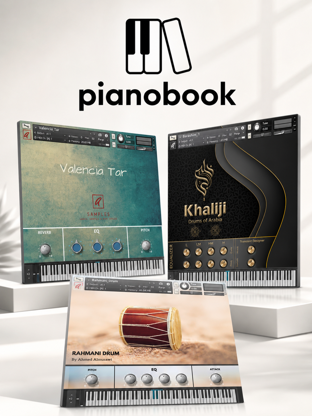 Pianobook with Valencia Tar, Khaliji Drums of Arabia and Rahmani Drum in a 3D presentation